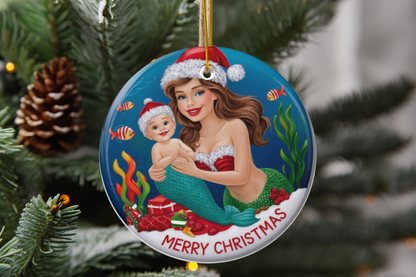 Mermaid Mom Christmas Ceramic Ornament – Mermaid Mama & Baby in Santa Hats Underwater Scene | 2.76” Circle | Glossy Finish | Gold Hanging String