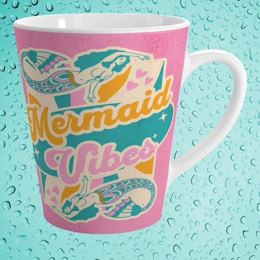 Mermaid Vibes Latte Mug – Retro 70s Pink Mermaid Design with Gold Script | 12oz White Ceramic | Groovy Ocean Coffee Gift
