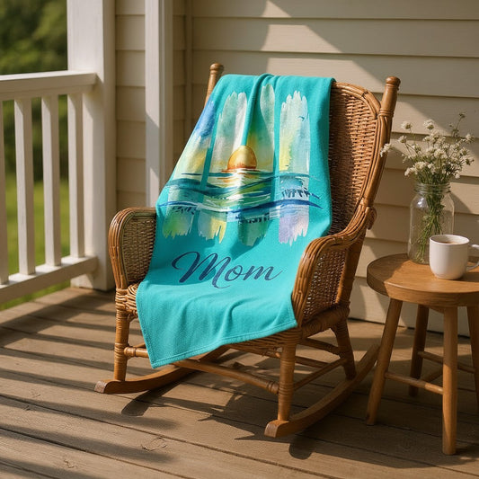 Ocean Loving Mom Velveteen Plush Blanket – Watercolour Sunset Ocean Design | Super Soft Polyester | 3 Sizes | Mother’s Day Gift for Ocean Loving Mom