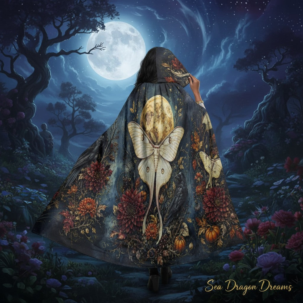 Dark hooded cloak cape with large moth graphic and autumn floral print