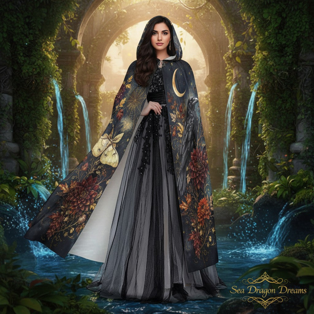 Hooded cape cloak with moth centerpiece and multicolor floral pattern, draped front