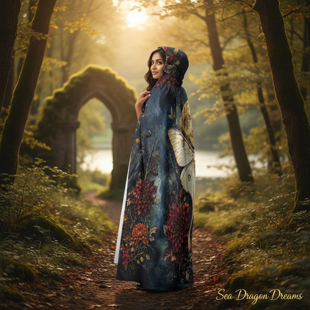 Hooded cloak with moth motif and dense floral print on dark fabric