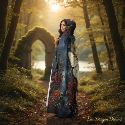 Hooded cloak with moth motif and dense floral print on dark fabric