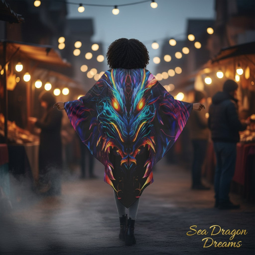Back view of hooded neon dragon costume cape with wide, flowing cut