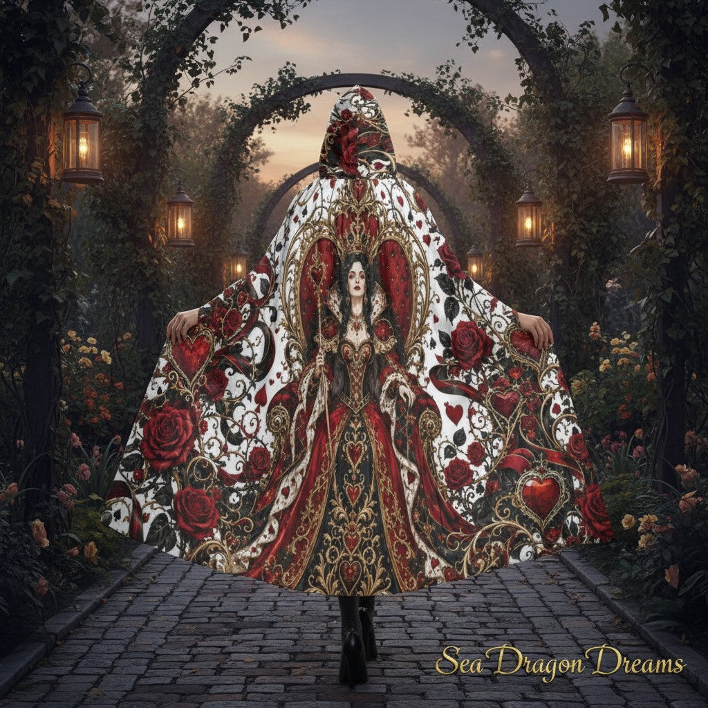 Hooded cloak with ornate hearts-and-roses print in red, gold, and white patterning