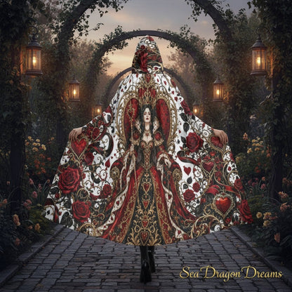 Hooded cloak with ornate hearts-and-roses print in red, gold, and white patterning