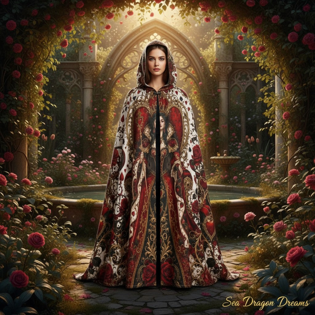 Hooded cloak with detailed red, gold, and white baroque hearts motif
