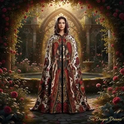 Hooded cloak with detailed red, gold, and white baroque hearts motif