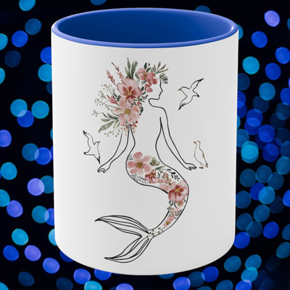 Mermaid Silhouette Botanical Floral Mug – Elegant Line Art Mermaid with Wild Blooms & Seagulls | 11oz Blue Accent Ceramic | Coastal Botanical Ocean Gift