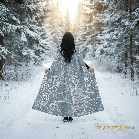 Hooded cape cloak with snowflake and circle print, flowy A-line back view