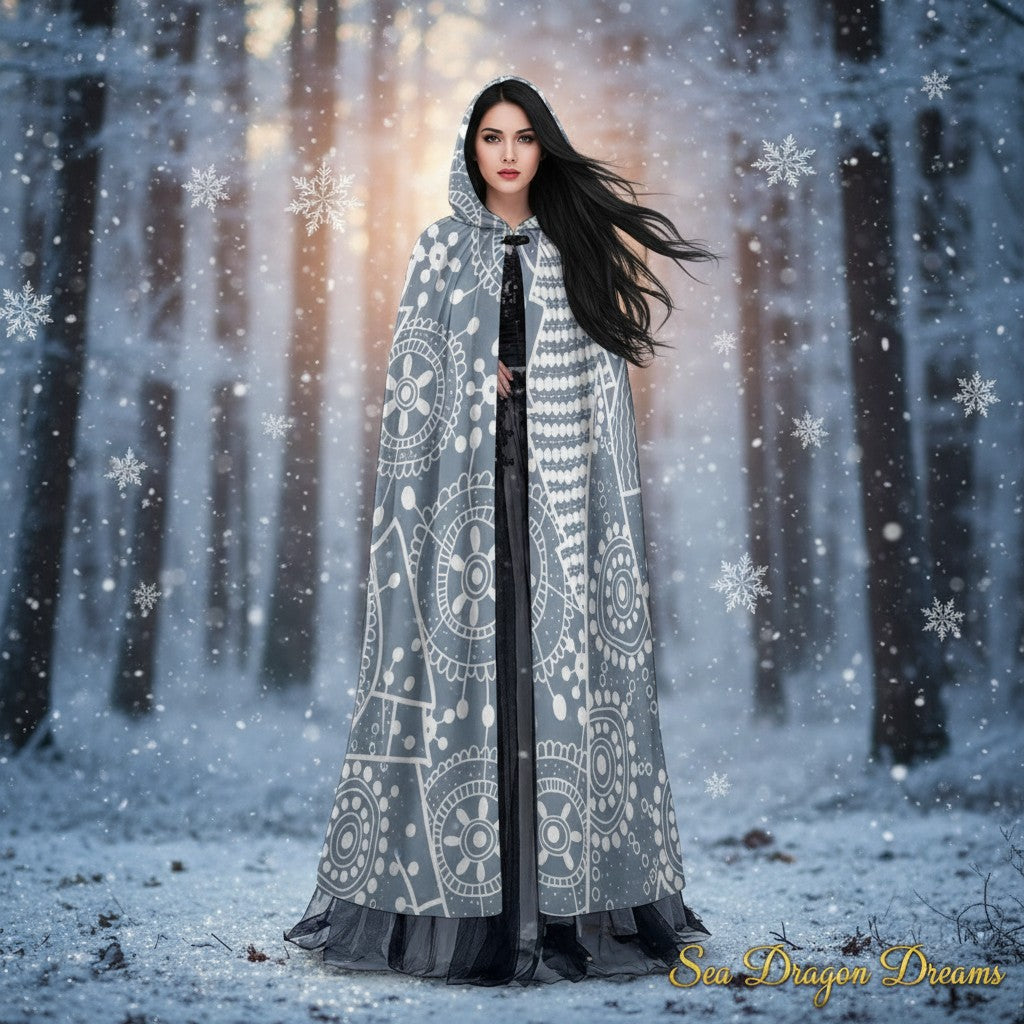 Snowflake print hooded cloak cape, light blue-gray with abstract circular motifs