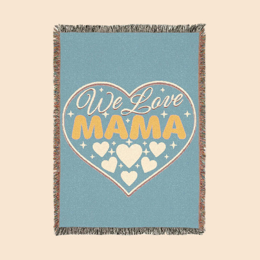 We Love Mama Woven Cotton Blanket – Retro Boho Heart Design | 100% Cotton with Fringed Edges | 3 Sizes | Mother’s Day Gift for Mama