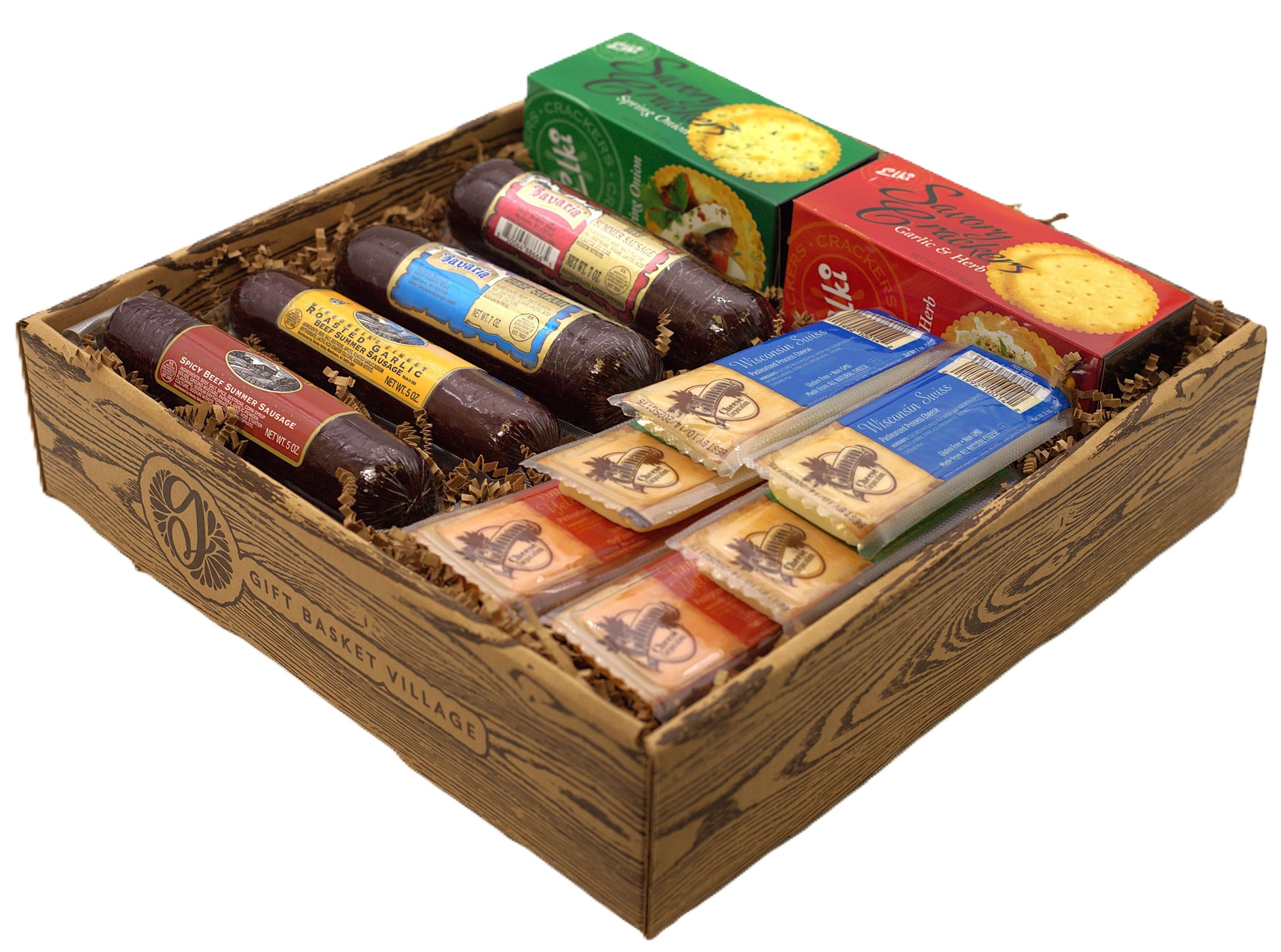 Charcuterie basket gift box with salami, crackers, and cheese packs in an open wooden crate