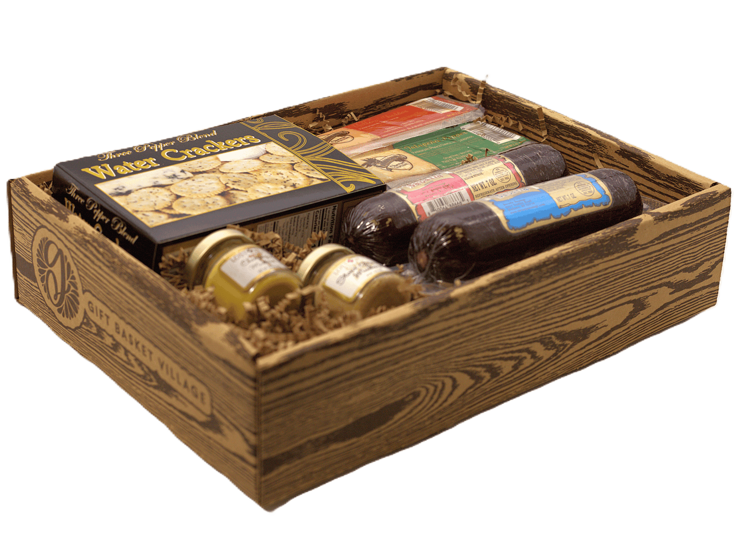 Wooden gift basket box with water crackers, cheese packs, and sausage links visible