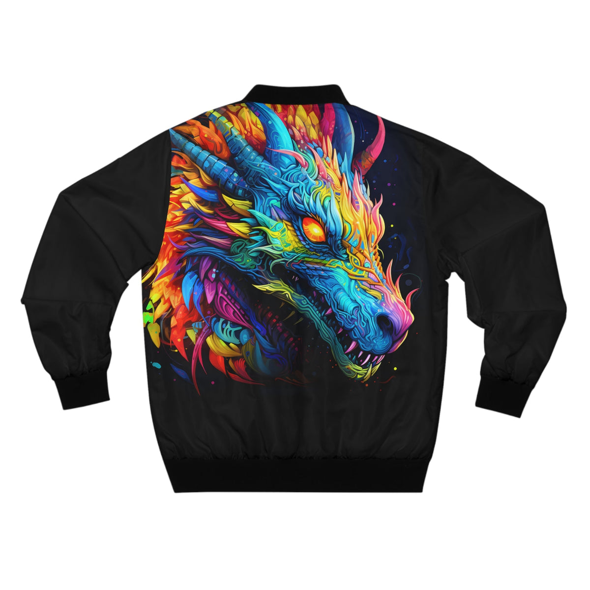 Neon Dragon Bomber Jacket - Psychedelic Multicolor Dragon on Black, Fantasy Festival Streetwear for Men and Women XS to 5XL