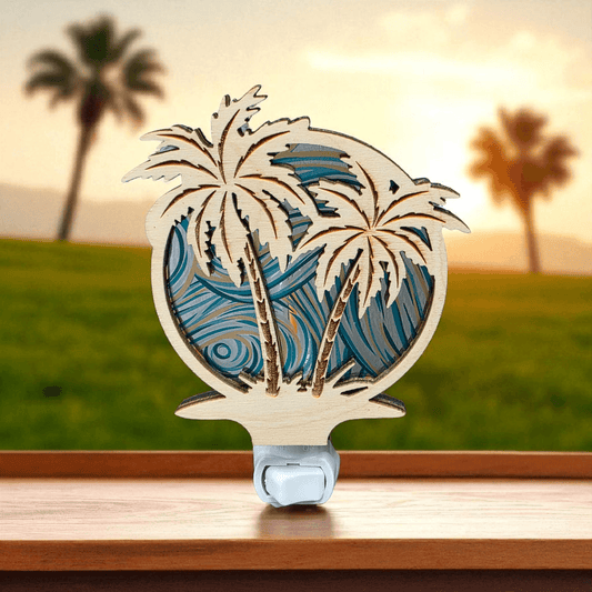 Palm tree LED night light with blue wave palm design and white plug base