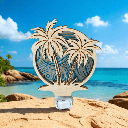 Palm tree LED night light on sandy beach with blue wave palm artwork
