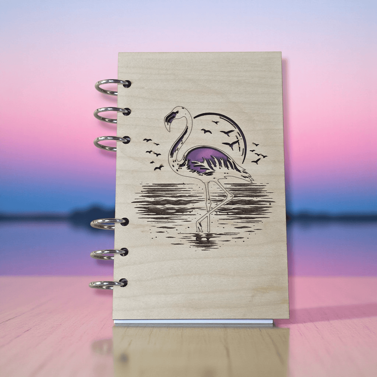 Refillable A6 wood notebook journal with purple flamingo scene and metal ring binder
