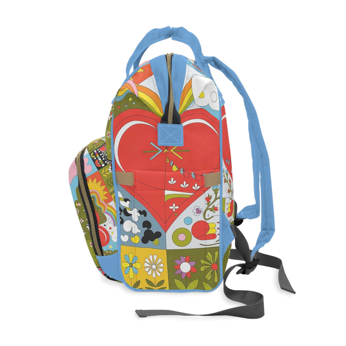Heart Quilt Diaper Backpack - Retro 70s Patchwork Baby Bag with Hearts and Rainbows, Padded Nylon Baby Shower Gift