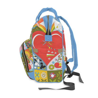 Heart Quilt Diaper Backpack - Retro 70s Patchwork Baby Bag with Hearts and Rainbows, Padded Nylon Baby Shower Gift