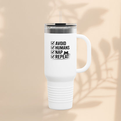 Funny Insulated Travel Mug - Avoid Humans Nap Repeat - 40oz, Coffee Cup, Gift for Introverts, Travel Mug, Holiday Present