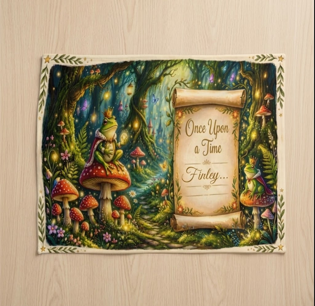 Enchanted forest throw blanket front view with parchment message surrounded by mushrooms