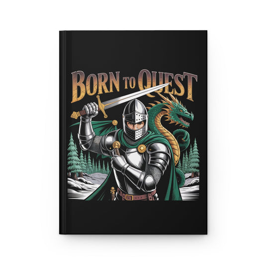 Black journal cover with fantasy knight, dragon, and “Born to Quest” title