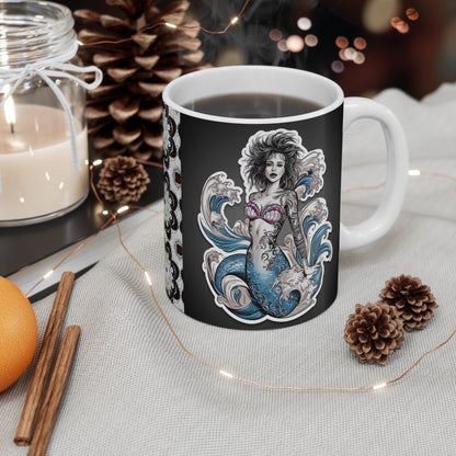 Messy Hair Mermaid Coffee Mug – Gothic Tattoo Art Dark Fantasy Mermaid | 11oz Ceramic | Dishwasher Safe | Mermaid Gift for Her