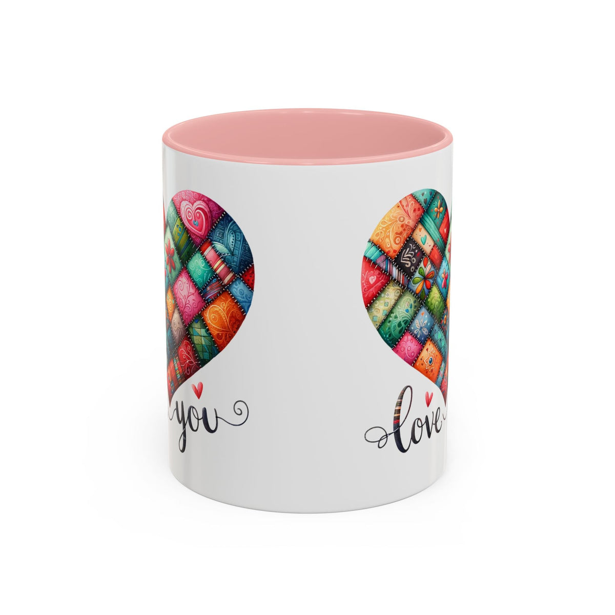 White coffee mug with colorful quilt heart print, you and love text, pink rim.