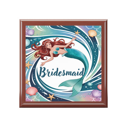 Mermaid Bridesmaid Jewelry Box – Illustrated Mermaid ‘Bridesmaid’ Keepsake Box | Rubberwood | Ebony Black, Golden Oak or Red Mahogany | Beach Wedding Bridal Party Gift