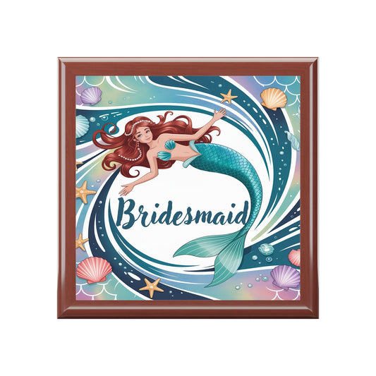 Mermaid Bridesmaid Jewelry Box – Illustrated Mermaid ‘Bridesmaid’ Keepsake Box | Rubberwood | Ebony Black, Golden Oak or Red Mahogany | Beach Wedding Bridal Party Gift