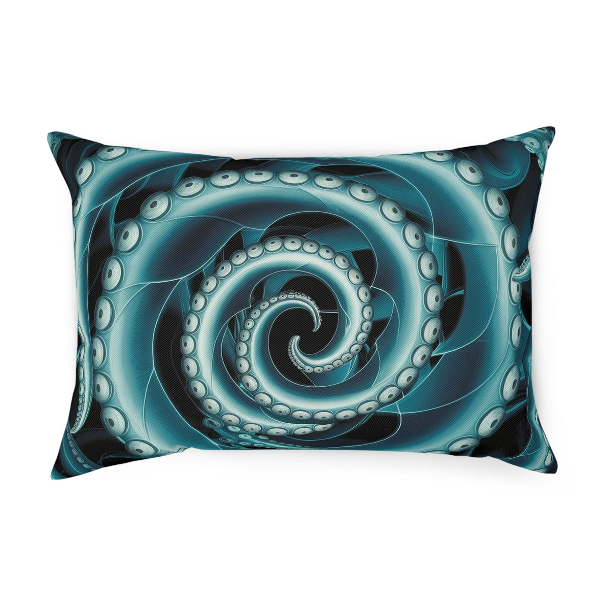Octopus Spiral Tentacle Cushion – Hypnotic Bioluminescent Teal & Black Deep Sea Art | Cotton Cover | Double-Sided Print | 3 Sizes | Gothic Ocean Home Decor