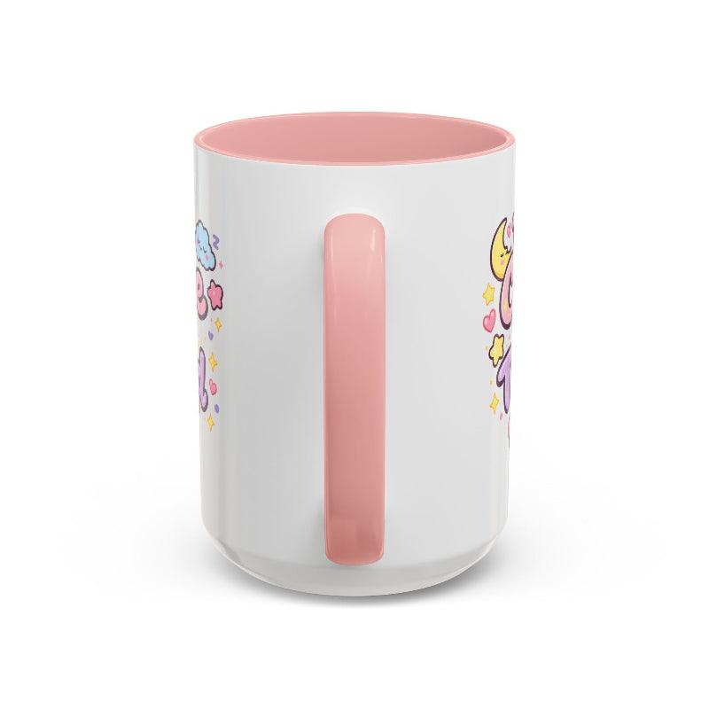 Kawaii bunny mug with pink rim and handle, back side with partial hearts and stars
