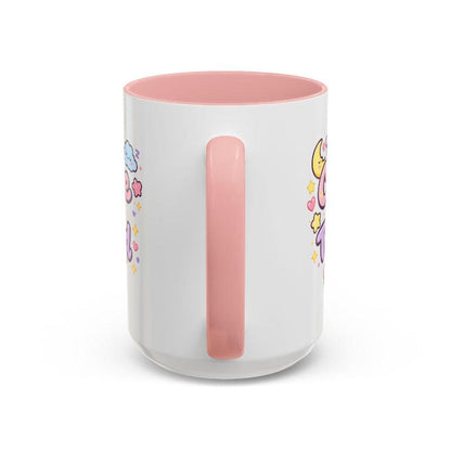 Kawaii bunny mug with pink rim and handle, back side with partial hearts and stars