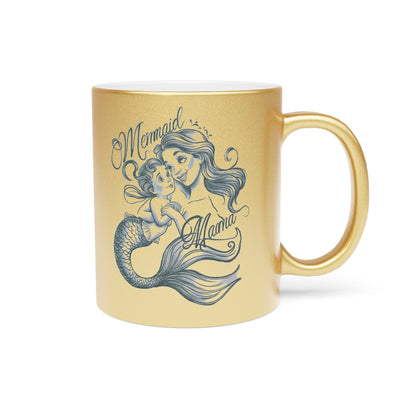 Mermaid Mama Metallic Mug – Fine Line Mermaid Mama & Baby Illustration | 11oz | Gold or Silver Metallic Finish | Mother’s Day Gift for Mermaid Mom