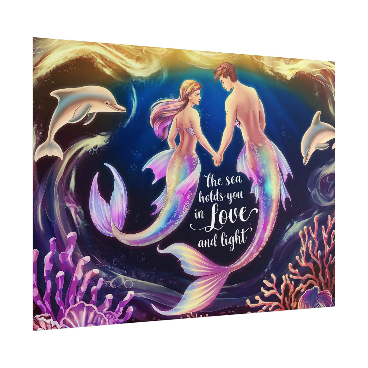 Mermaid Lovers Rolled Poster – The Sea Holds You in Love and Light | Giclée Print | Fine Art, Semi Glossy or Matte | 19 Sizes | Mermaid Couple Wall Art