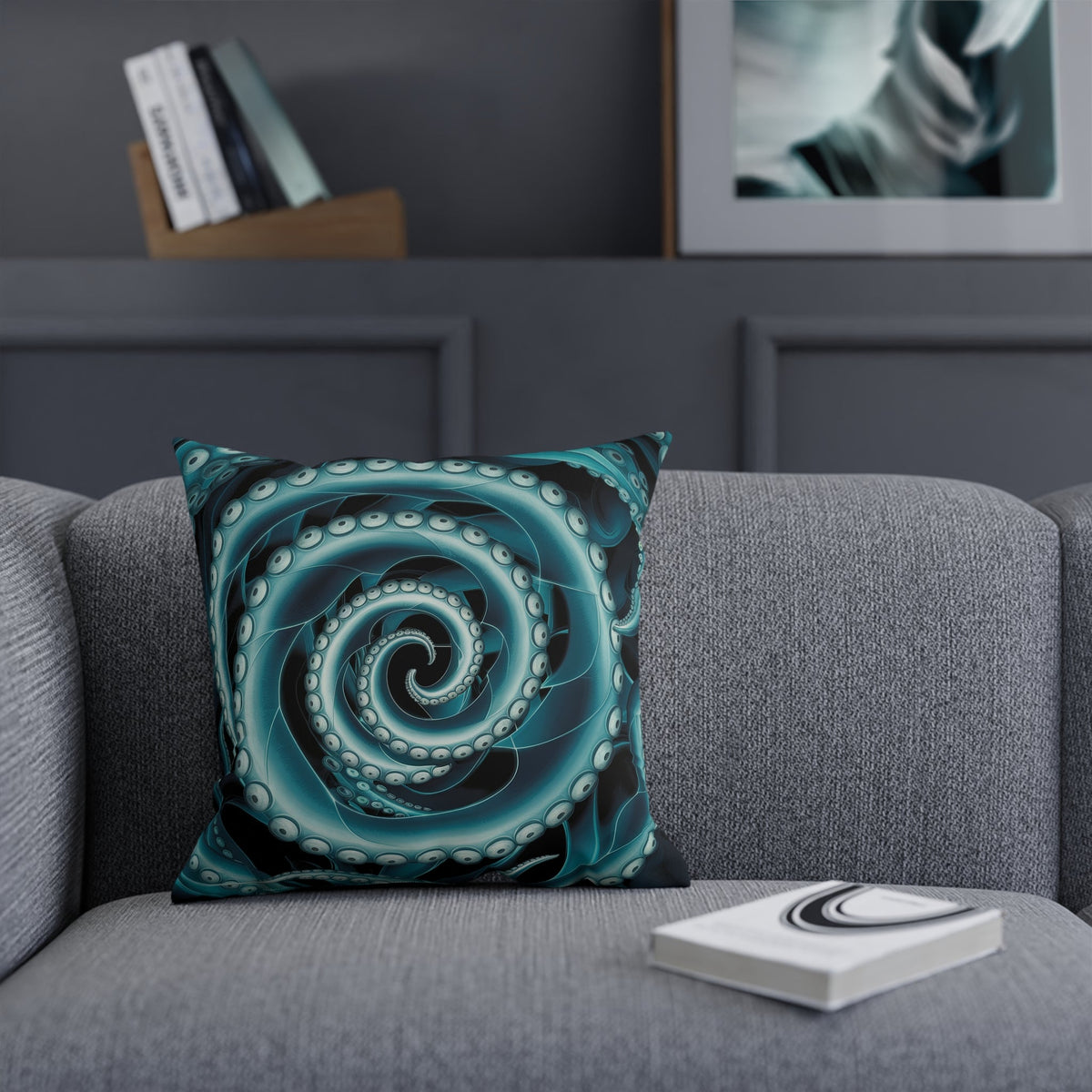 Octopus Spiral Tentacle Cushion – Hypnotic Bioluminescent Teal & Black Deep Sea Art | Cotton Cover | Double-Sided Print | 3 Sizes | Gothic Ocean Home Decor