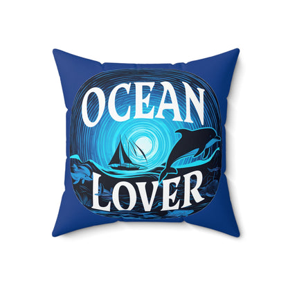 Ocean Lover Throw Pillow – Dolphins, Sailboat & Moonlit Sea Art | Deep Blue Faux Suede | Double-Sided Print | 4 Sizes | Coastal Home Decor Gift