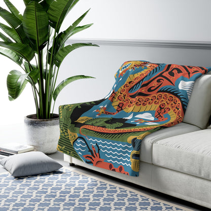 Mexican Dragon Sherpa Fleece Blanket - Folk Art Dragon Throw for Dragon Lovers, 50x60 and 60x80 Plush Sherpa Gift