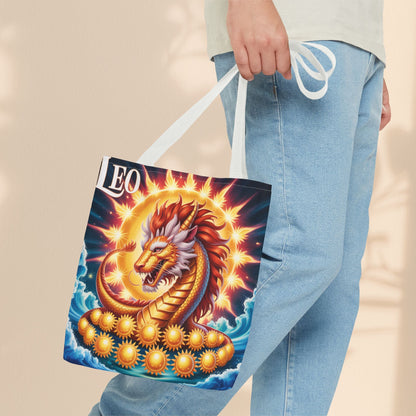 Leo Zodiac Tote Bag – Golden Dragon Sun Celestial Art | 3 Sizes | 5 Handle Colours | Leo Birthday Gift & Astrology Bag