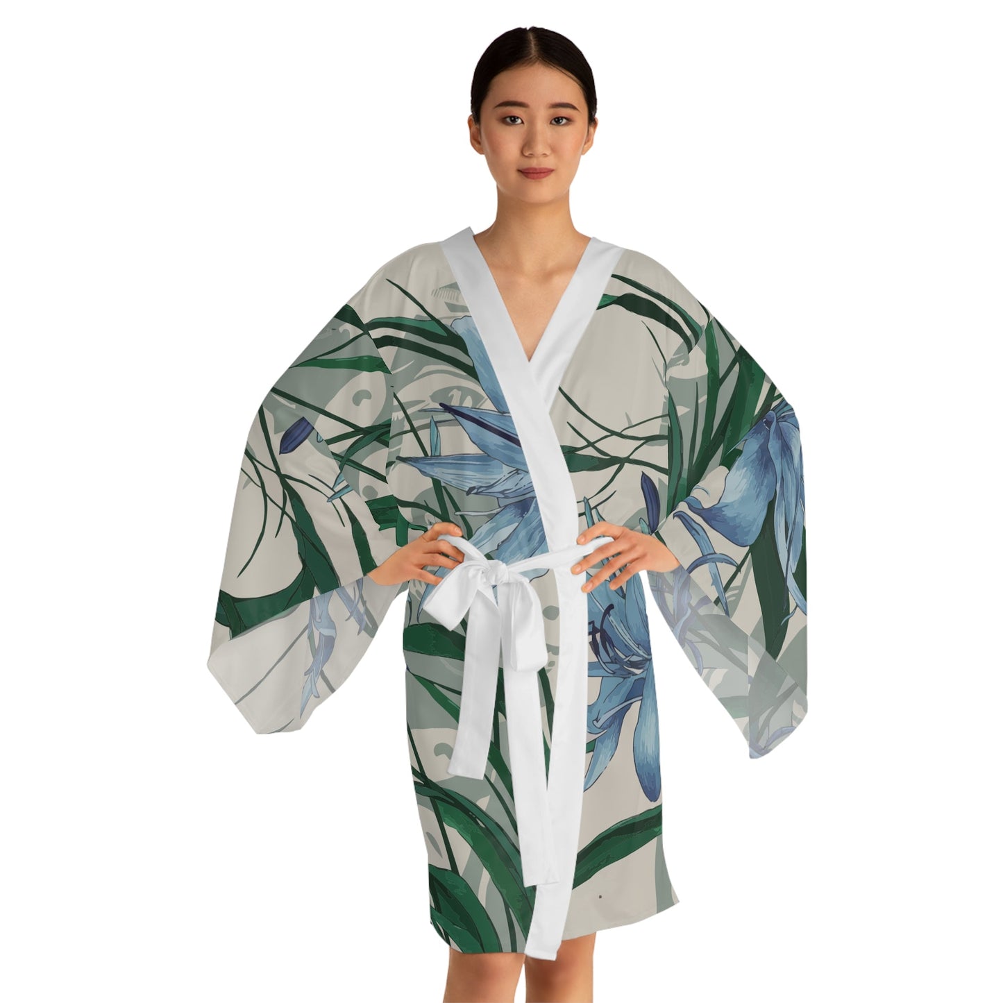 African Lily Kimono Robe - Long Sleeve Floral Wrap Cover-Up with Flowing Fit, Smooth Lightweight 100% Polyester, XS to 2XL