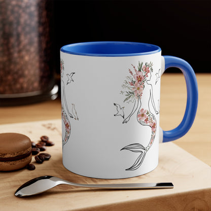 Mermaid Silhouette Botanical Floral Mug – Elegant Line Art Mermaid with Wild Blooms & Seagulls | 11oz Blue Accent Ceramic | Coastal Botanical Ocean Gift