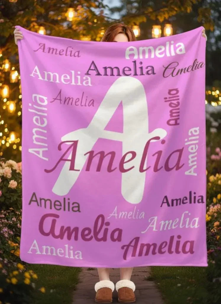 Your Letter and Name - Personalized Name Blanket: Pink & White Flannel Fleece Throw - Dream Dragons