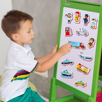 Child placing colorful vehicle foam magnets on a green magnetic board