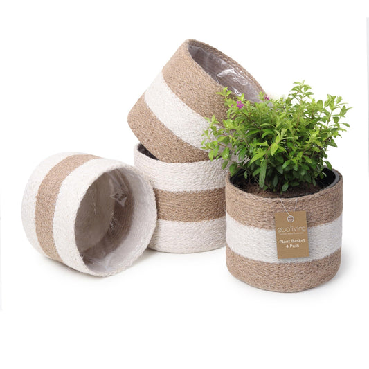Set of 4 jute planter baskets, tan with white stripes, holding small plants