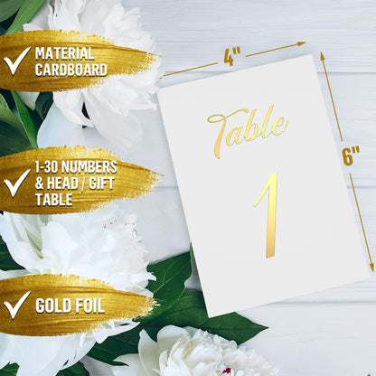 Foil table number card with gold “Table 1” text; cardboard design with size guides