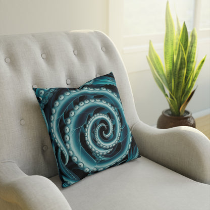 Octopus Spiral Tentacle Cushion – Hypnotic Bioluminescent Teal & Black Deep Sea Art | Cotton Cover | Double-Sided Print | 3 Sizes | Gothic Ocean Home Decor