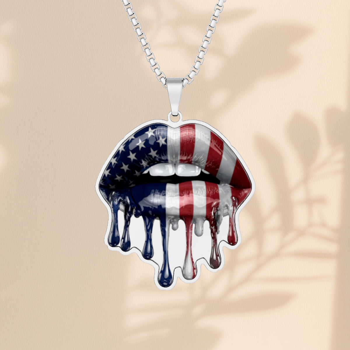 American Flag Drip Lips Necklace - Patriotic Drip Pendant in Stainless Steel, Gold Plated, or Sterling Silver, USA Pride Jewelry Gift