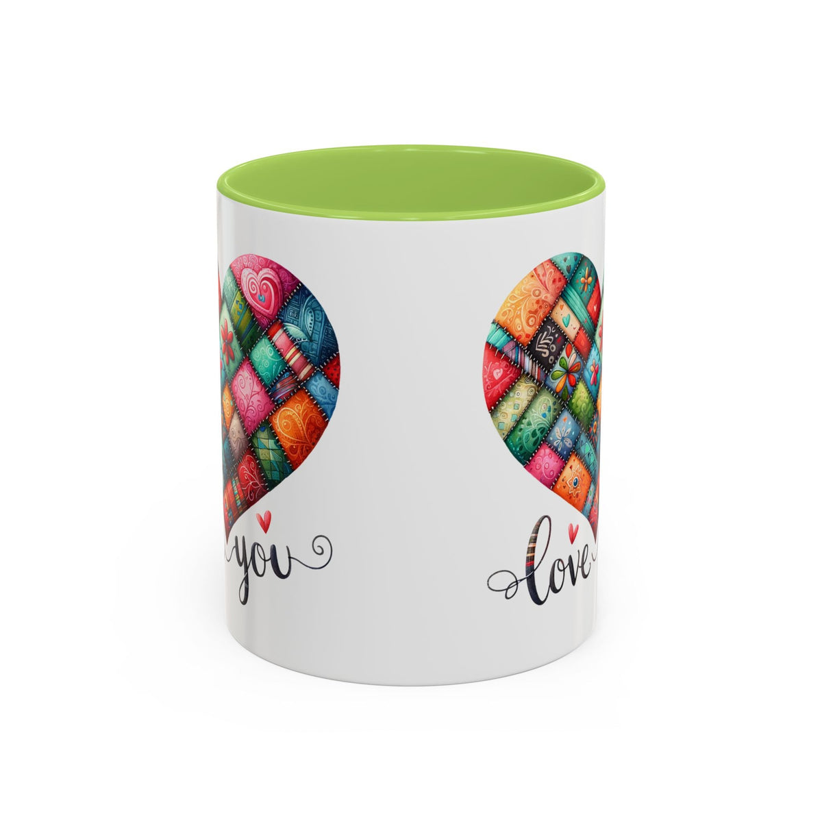 White coffee mug with colorful quilt heart print, you and love text, light green rim.