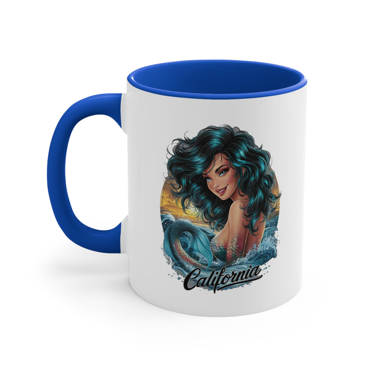 Blue accent ceramic mug with mermaid graphic and 'California' script on front
